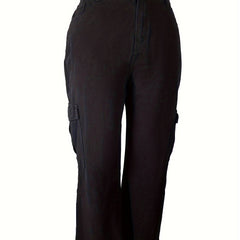 Solid High Rise Wide Leg Cargo Jeans With Pockets