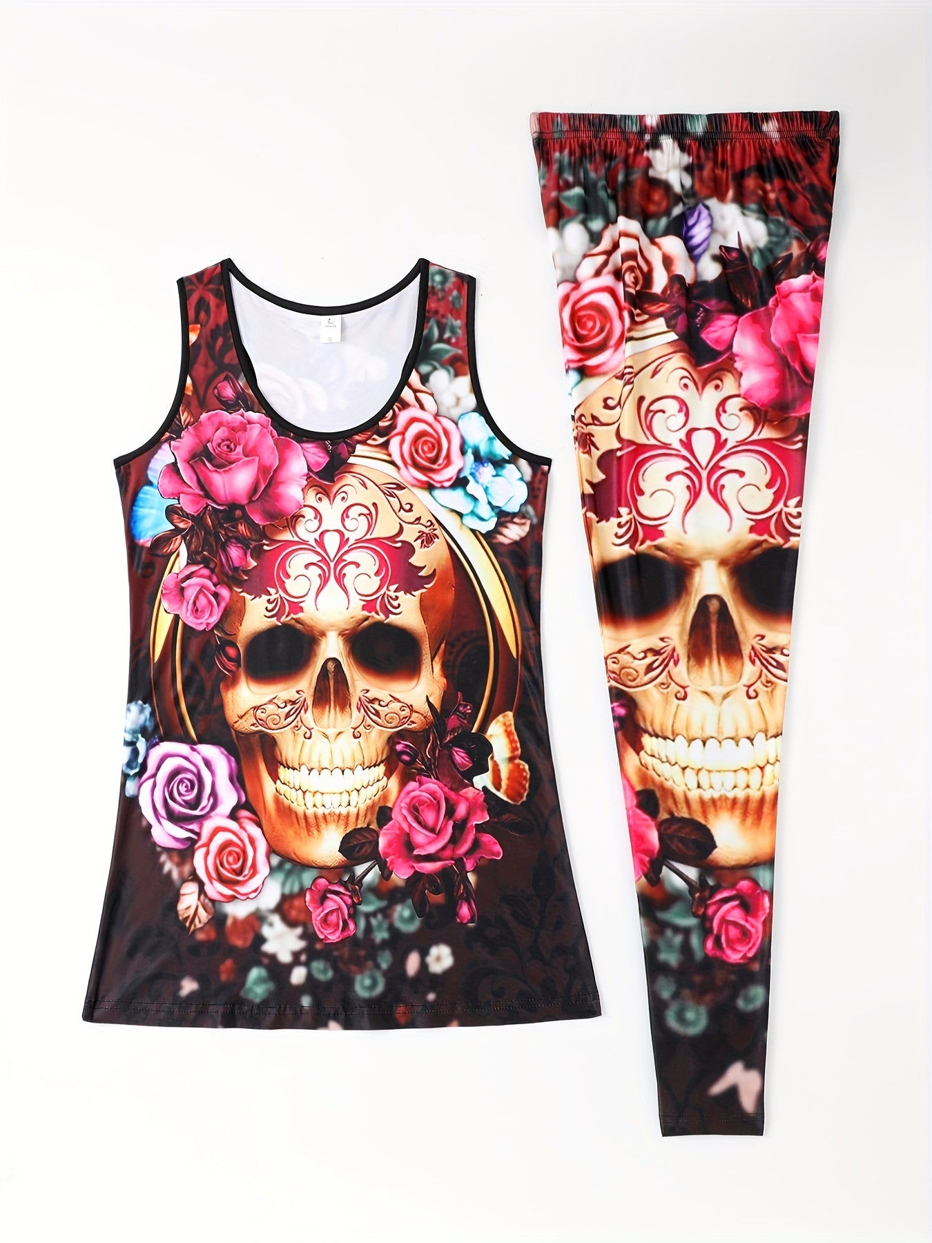 Butterfly Print 2pc Set Crew Neck Tank Top & Leggings Outfit Women's Clothing