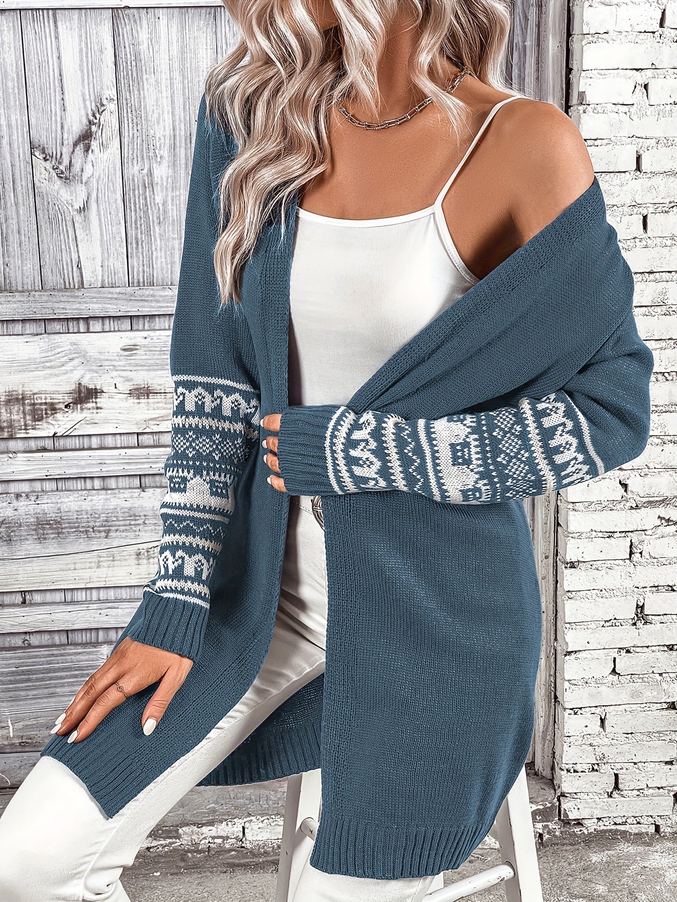 Women's Plus Geo Print Open Front Cardigan
