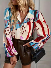 Blouse Women's Plus Random Print Button Up Lantern Sleeve Top