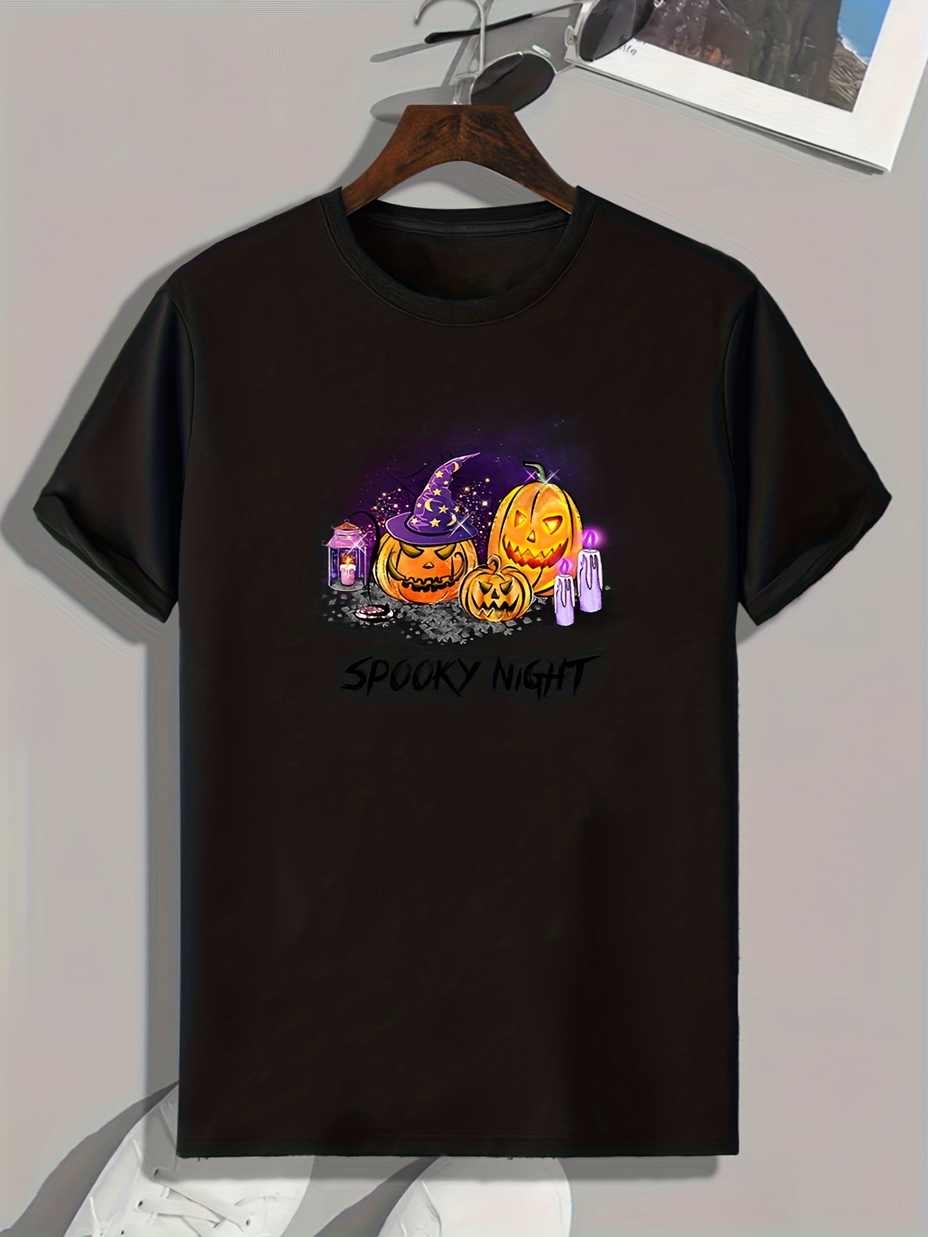 Halloween Pumpkin Print Tee Shirt Men's Casual Stretch Round Neck T-shirt
