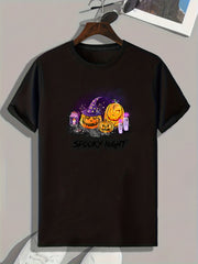 Halloween Pumpkin Print Tee Shirt Men's Casual Stretch Round Neck T-shirt