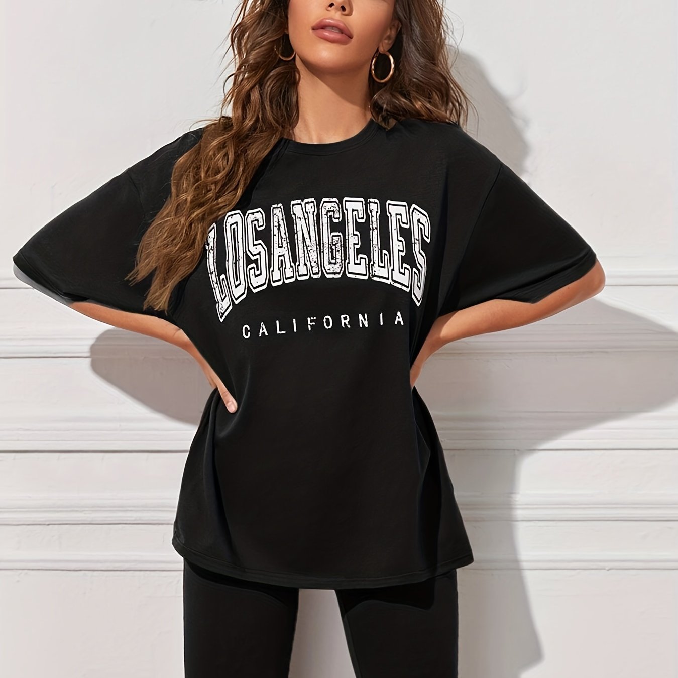Letter Print Loose Top & Solid Leggings Set