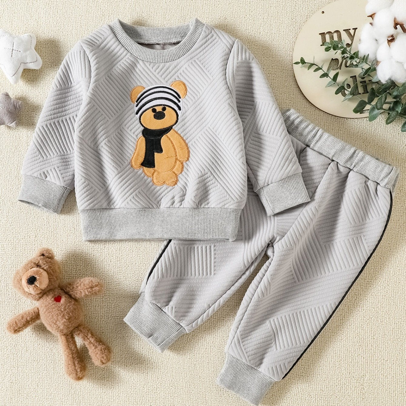 2pcs Kids Bear Embroidered Sweater Set