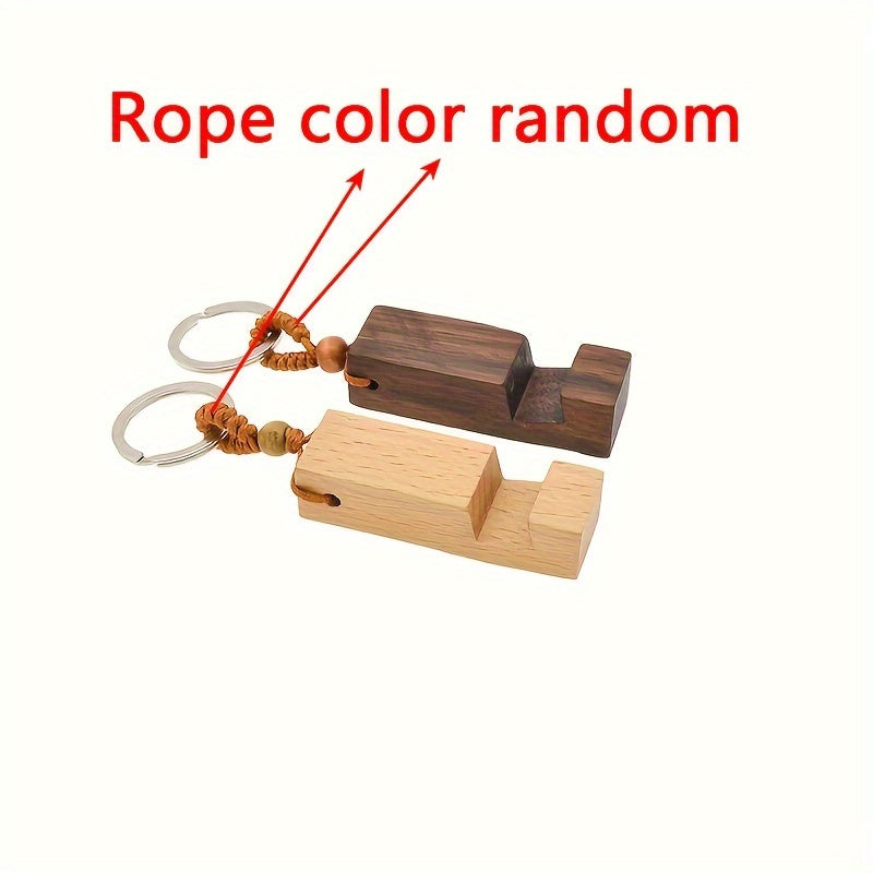 Retro Wood Phone Holder Stand Keychain Car Keyring Ornament Accessory