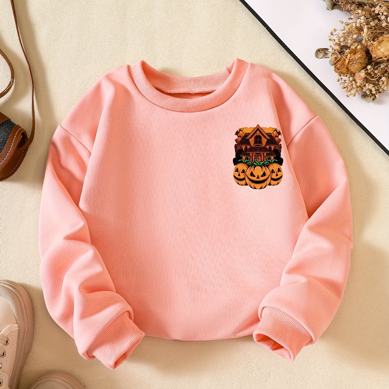 Girls' Pumpkin House Casual Crew Neck Sweatshirt for Halloween