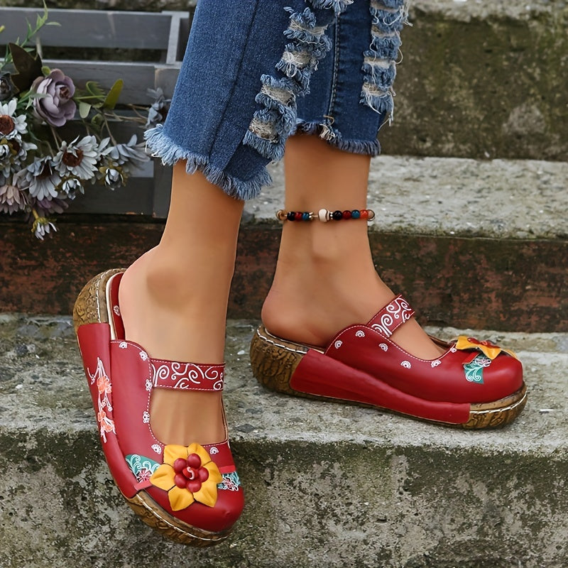 Women's Tribal Platform Mules Floral Print Clogs Closed Toe Shoes