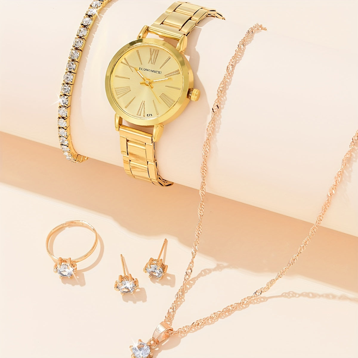 6pcs Roman Golden Steel Band Quartz Watch Set
