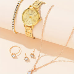 6pcs Roman Golden Steel Band Quartz Watch Set