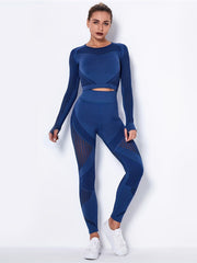Yoga Set 2 Piece Crop Top & Leggings Stripe Hollow Out Workout Suit