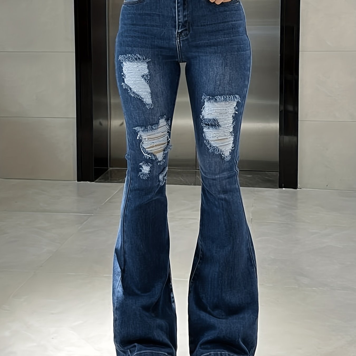 Vintage Flare Leg Ripped Jeans Distressed High Rise Whiskering Bell Botton Retro