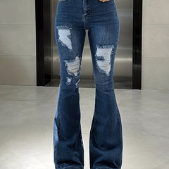 Vintage Flare Leg Ripped Jeans Distressed High Rise Whiskering Bell Botton Retro