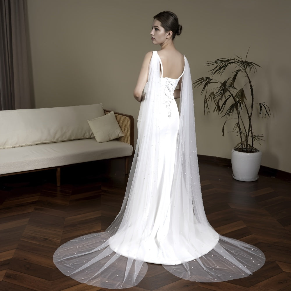 Bridal Veil Shawls Beaded Faux Pearl V Neck Long Sleeve for Weddings
