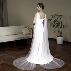 Bridal Veil Shawls Beaded Faux Pearl V Neck Long Sleeve for Weddings
