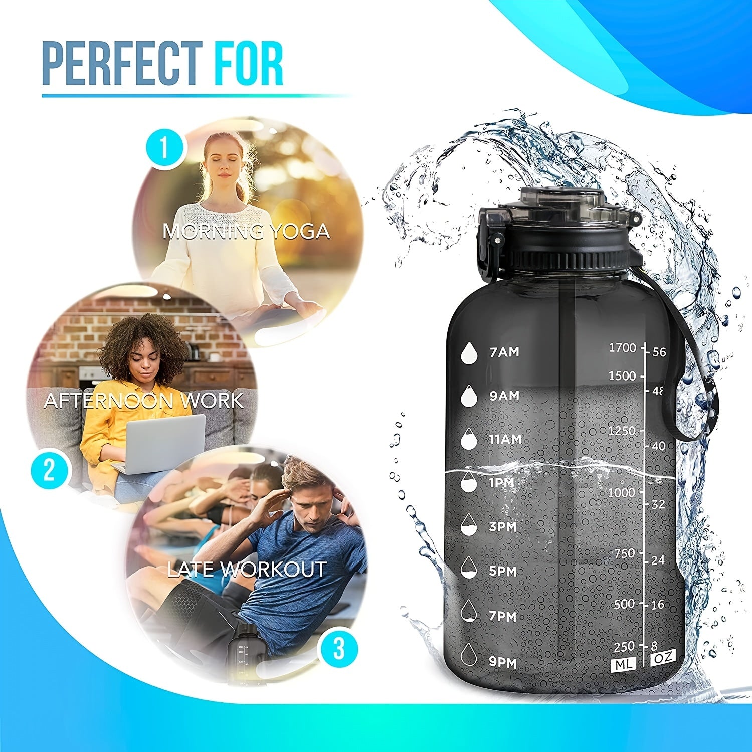 1900ml 64oz Large Capacity Water Bottle with Time Marker and Straw