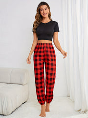 Plaid Print Pajama Set Short Sleeve Top & Pants
