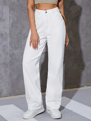 High Waist Denim Pants Straight Legs Loose Fit Casual Street Style