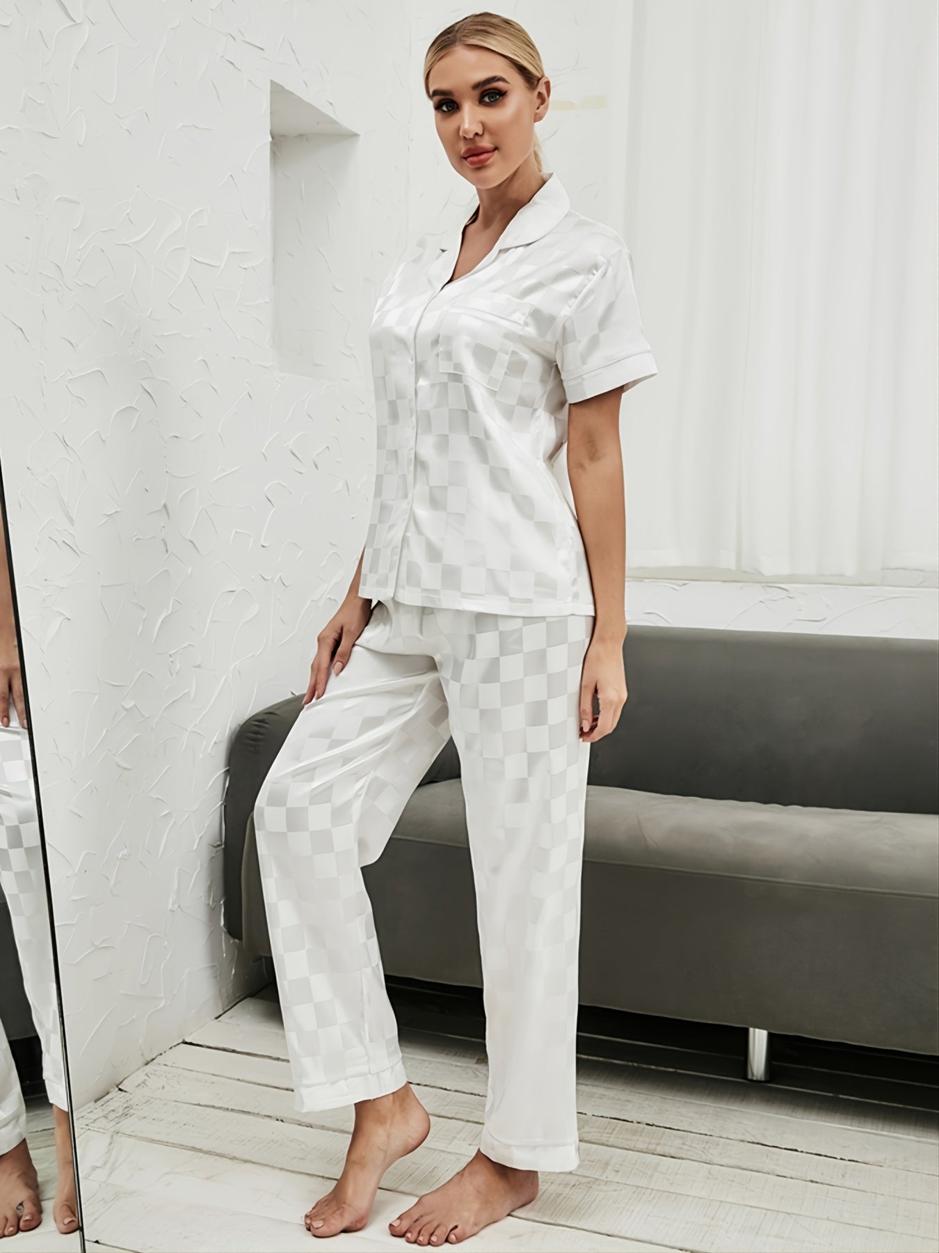 Checkerboard Satin Short Sleeve Pajama Set