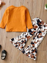 Girls Ruffle Shoulder Long Sleeve Top and Floral Print Flared Pants