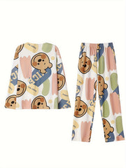 Bear Print Pajama Set Long Sleeve Top & Pants Women's Sleepwear