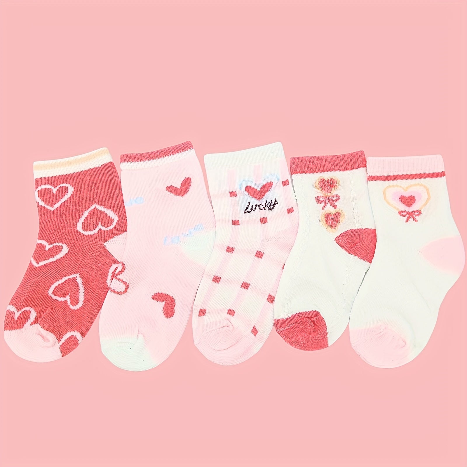 5 Pairs Girl's Cartoon Love Heart Knitted Crew Socks