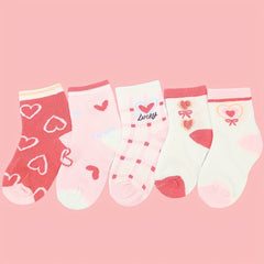 5 Pairs Girl's Cartoon Love Heart Knitted Crew Socks
