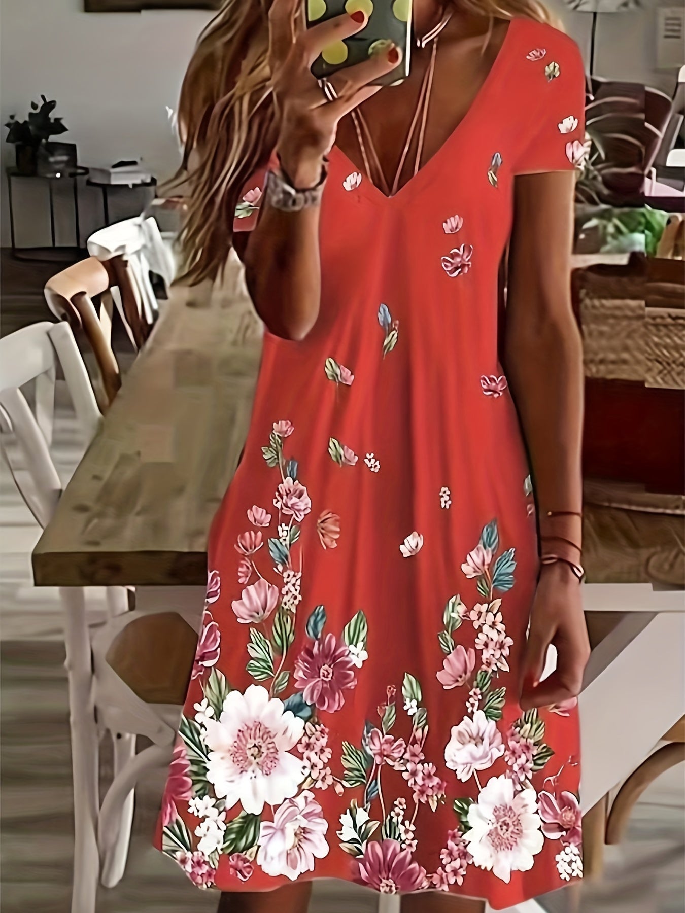 Women's Plus Floral Print V Neck Stretch Dress