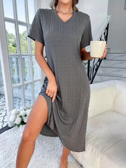 Argyle Textured Lounge Dress V Neck Side Split Women's Loungewear