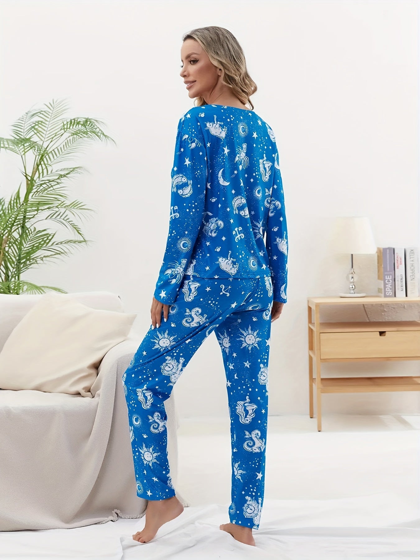Fish Print Pajama Set Long Sleeve Top & Pants Women's Sleepwear