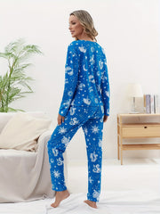 Fish Print Pajama Set Long Sleeve Top & Pants Women's Sleepwear