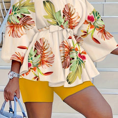 Tropical Print Off Shoulder Top & Shorts Set