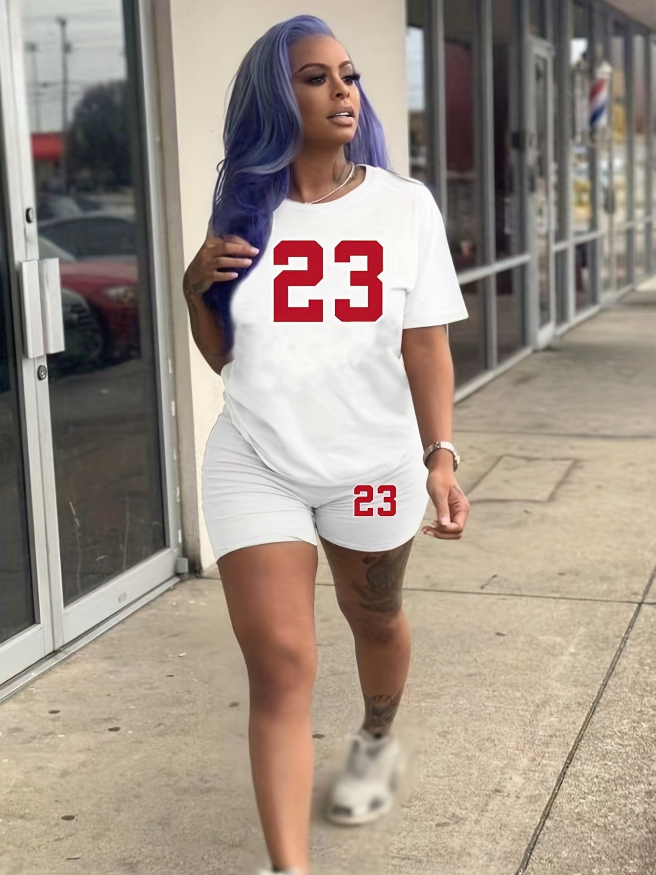 Number Print Casual 2 piece Set Short Sleeve T-shirt & Biker Shorts