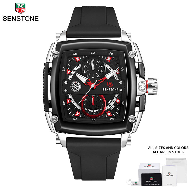 SENSTONE Square Sports Watch Stainless Steel Multifunction Chronograph