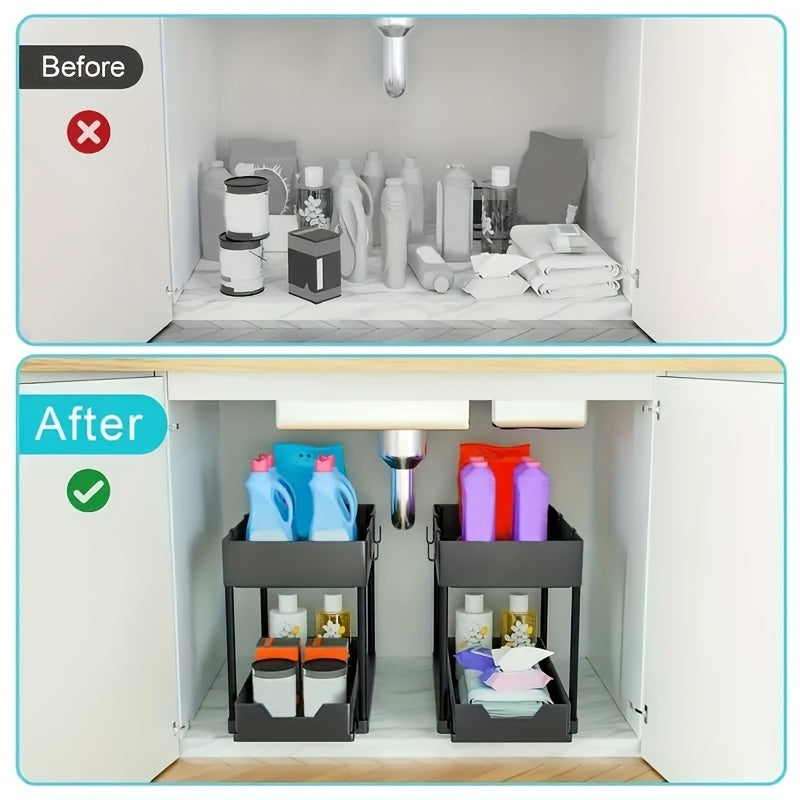 2 Tier Sliding Cabinet Basket Organizer - Under Sink Storage
