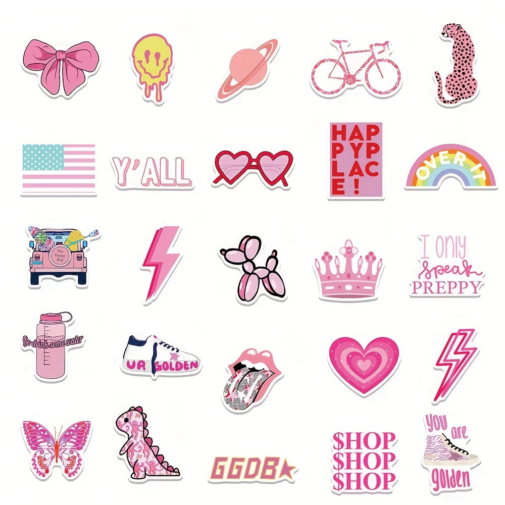 50 Pink College Style Stickers for Notebook, Phone Case, Cup, Luggage