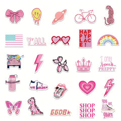 50 Pink College Style Stickers for Notebook, Phone Case, Cup, Luggage