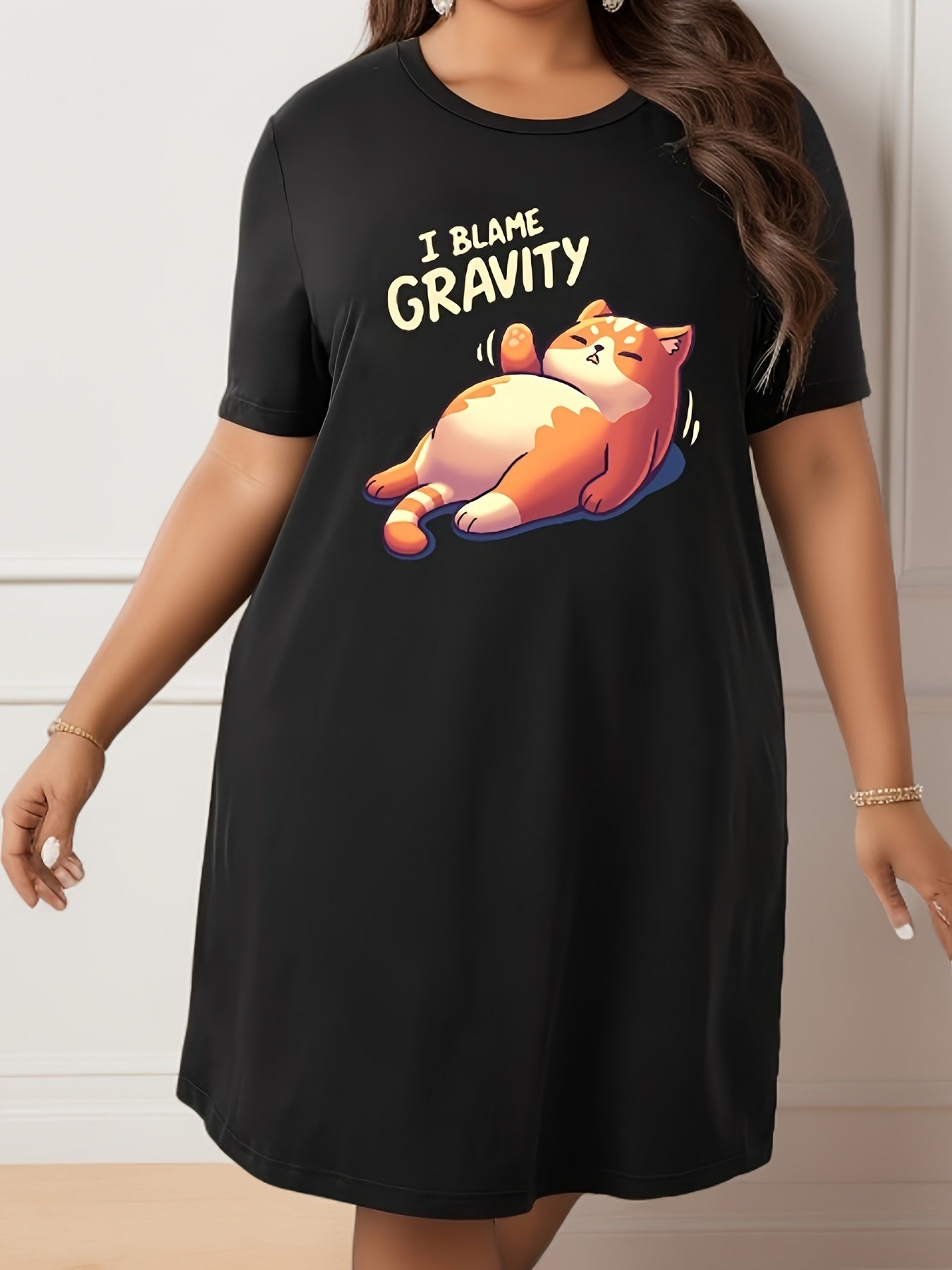 Cat Print Short Sleeve Tee Sleep Dress