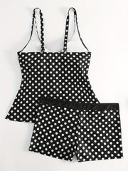 Polka Dot Two Piece Swimsuit V Neck Boxer Short Bottom Bathing Suit