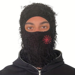 Y2K Fuzzy Balaclava Hat with Embroidered Pattern