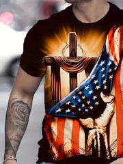 Cross Pattern T shirt Men's Casual Street Style Round Neck Tee Shirt