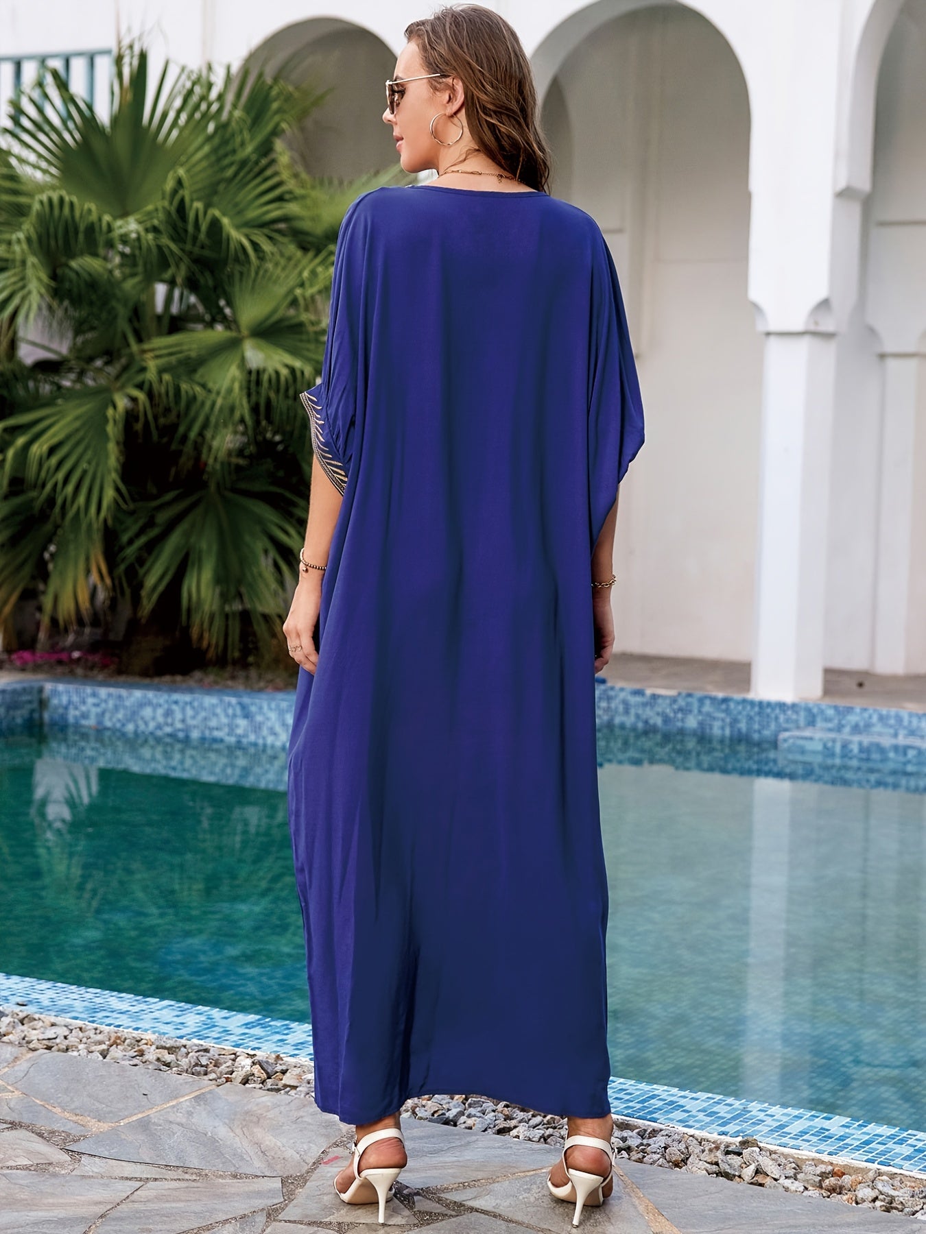 Embroidered Boho Kaftan Dress V Neck Beach Cover Up