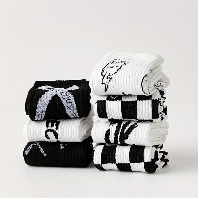 7 Pairs Letter & Plaid Print Socks - Casual Street Women's Stockings & Hosiery