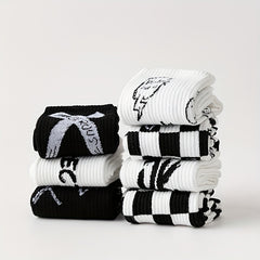 7 Pairs Letter & Plaid Print Socks - Casual Street Women's Stockings & Hosiery