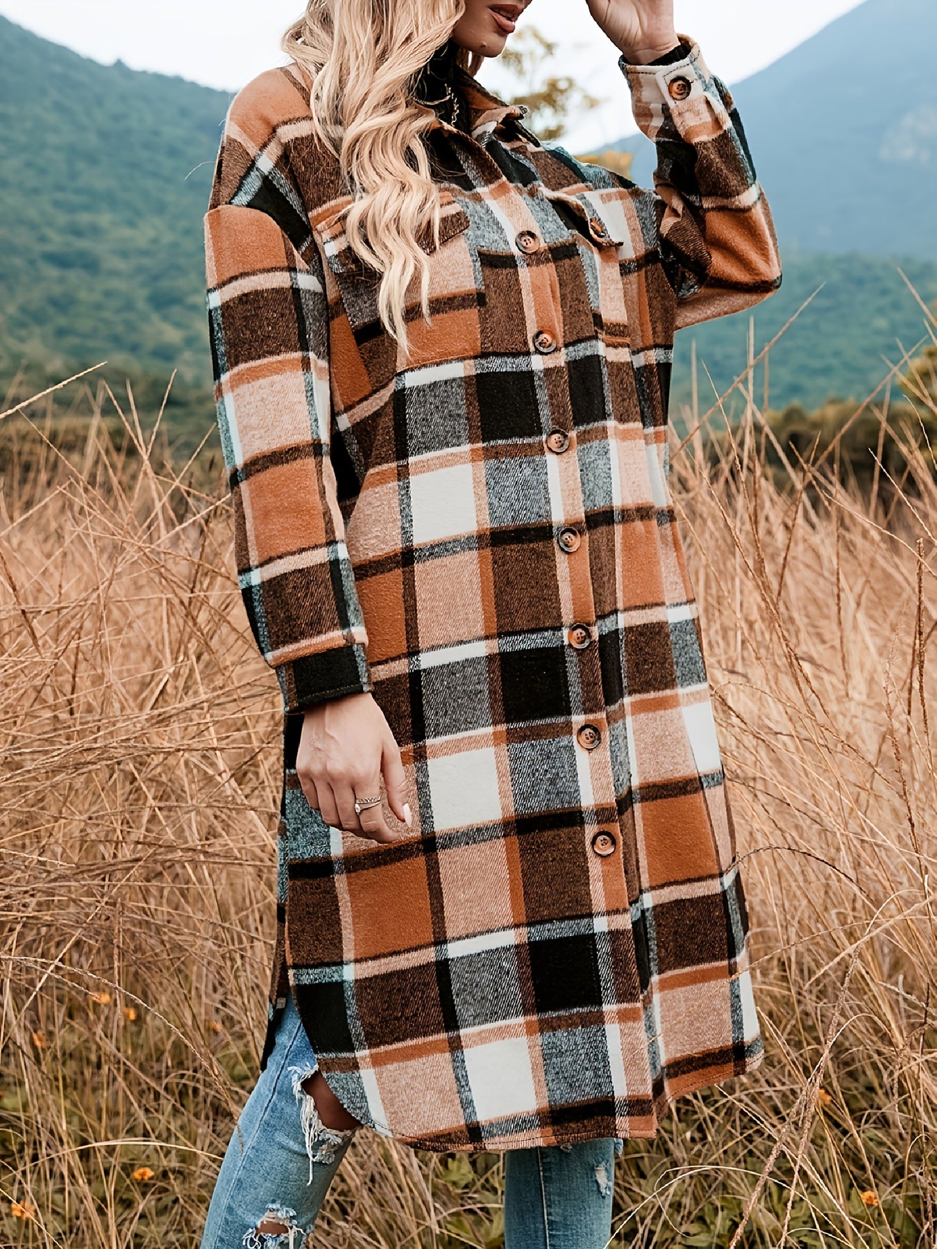 Plaid Shacket Split Lapel Jacket Button Down With Pockets Outerwear