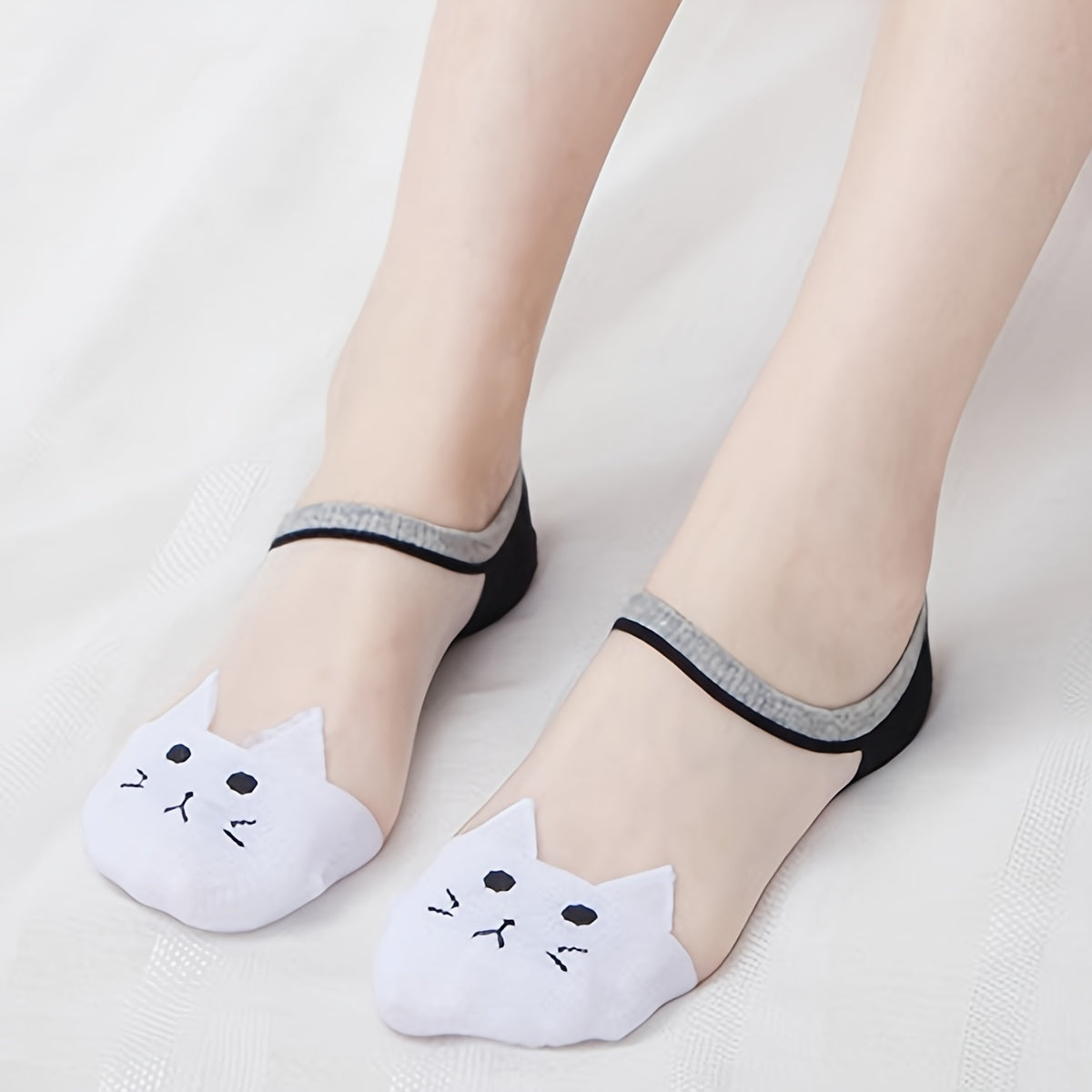 5 Pairs Cat Print Mesh Socks Invisible Ankle Stockings Women's Hosiery