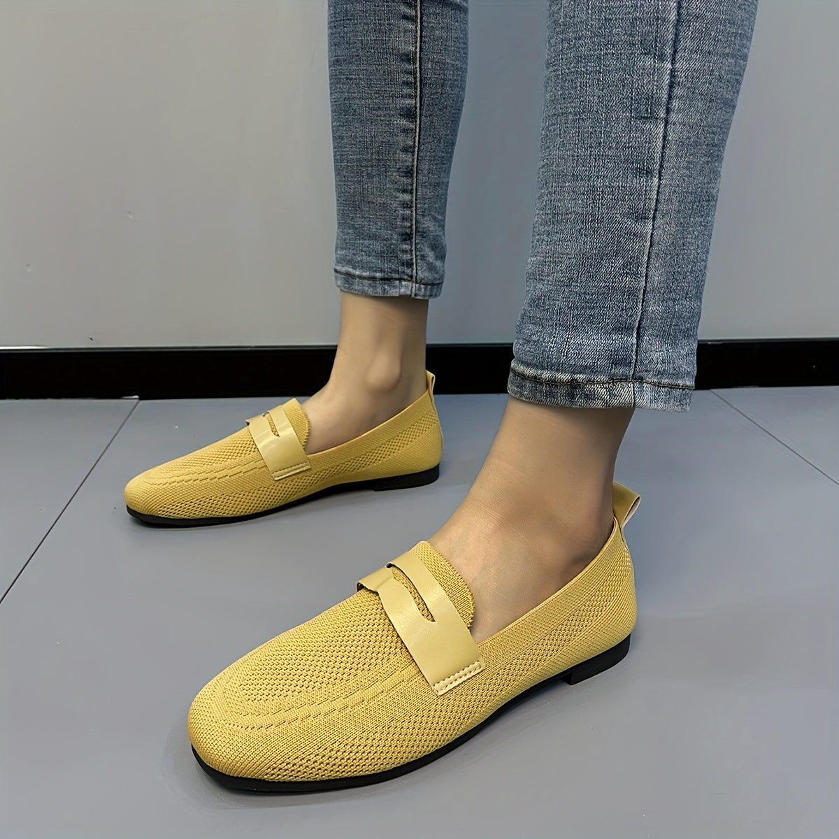 Women's Knitted Slip On Flat Shoes Square Toe Casual Walking Flats