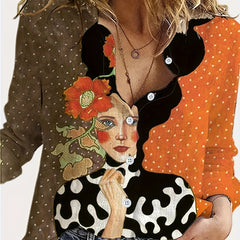 Colorblock Print Button Up Long Sleeve Blouse