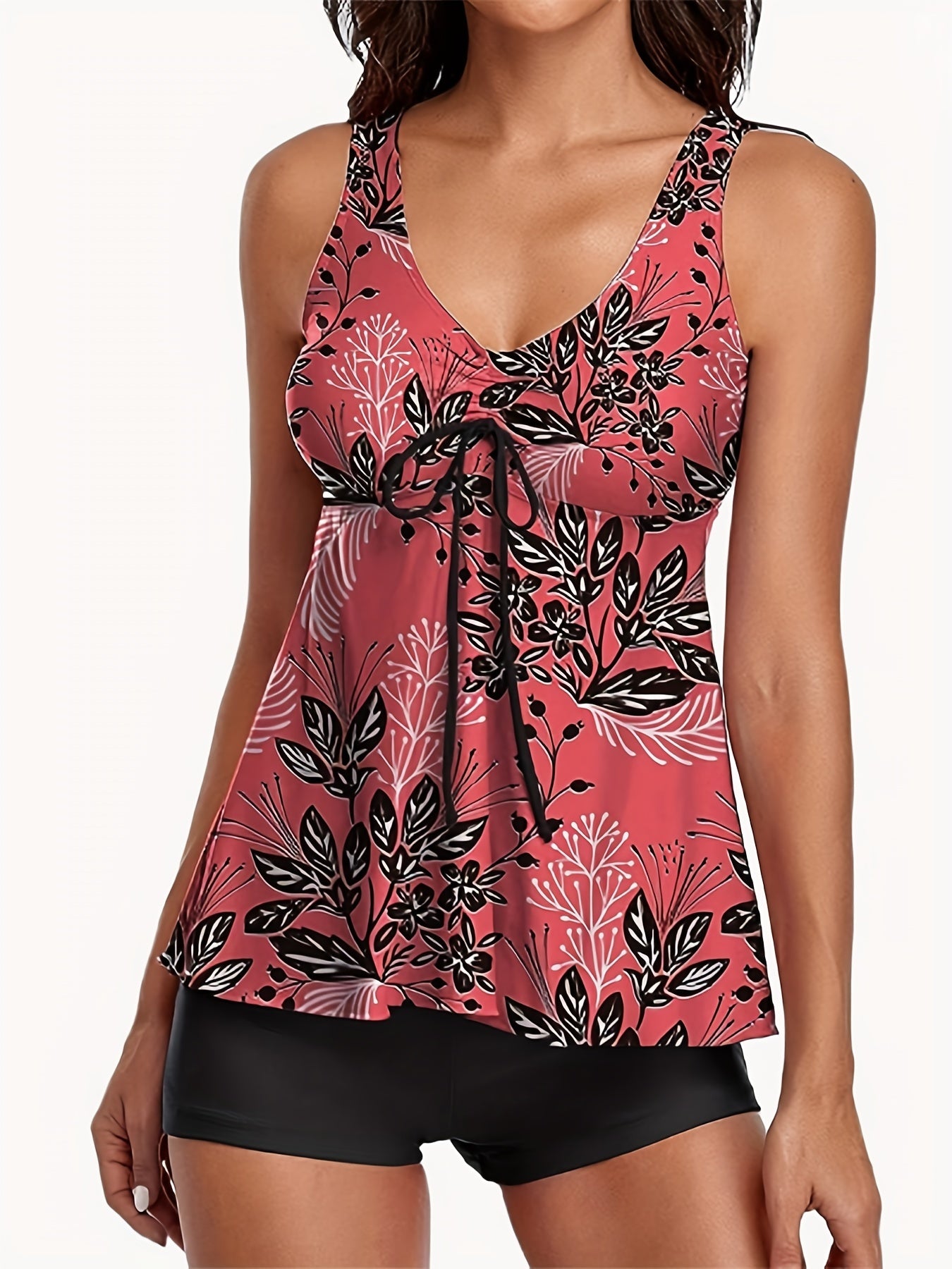 Leaf Print Tankini Set V Neck Tie Front Top & Shorts Swimsuit