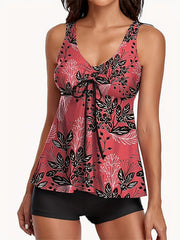 Leaf Print Tankini Set V Neck Tie Front Top & Shorts Swimsuit