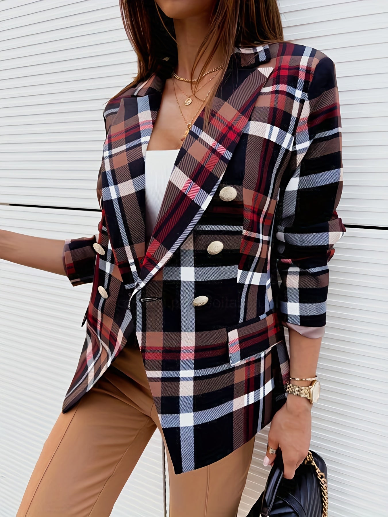 Plaid Print Double Button Blazer